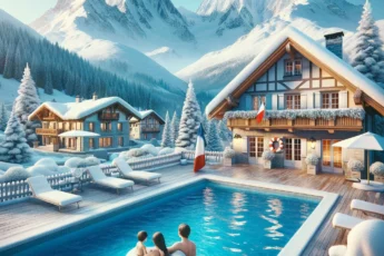 Zimowy krajobraz we Francji z rodziną i basenem