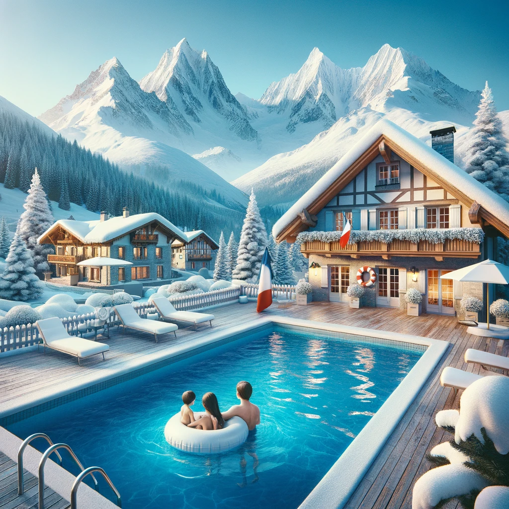 Zimowy krajobraz we Francji z rodziną i basenem
