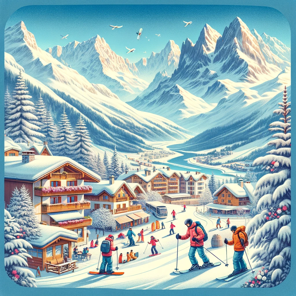 Zimowy krajobraz Alp Francuskich z rodzinami na nartach