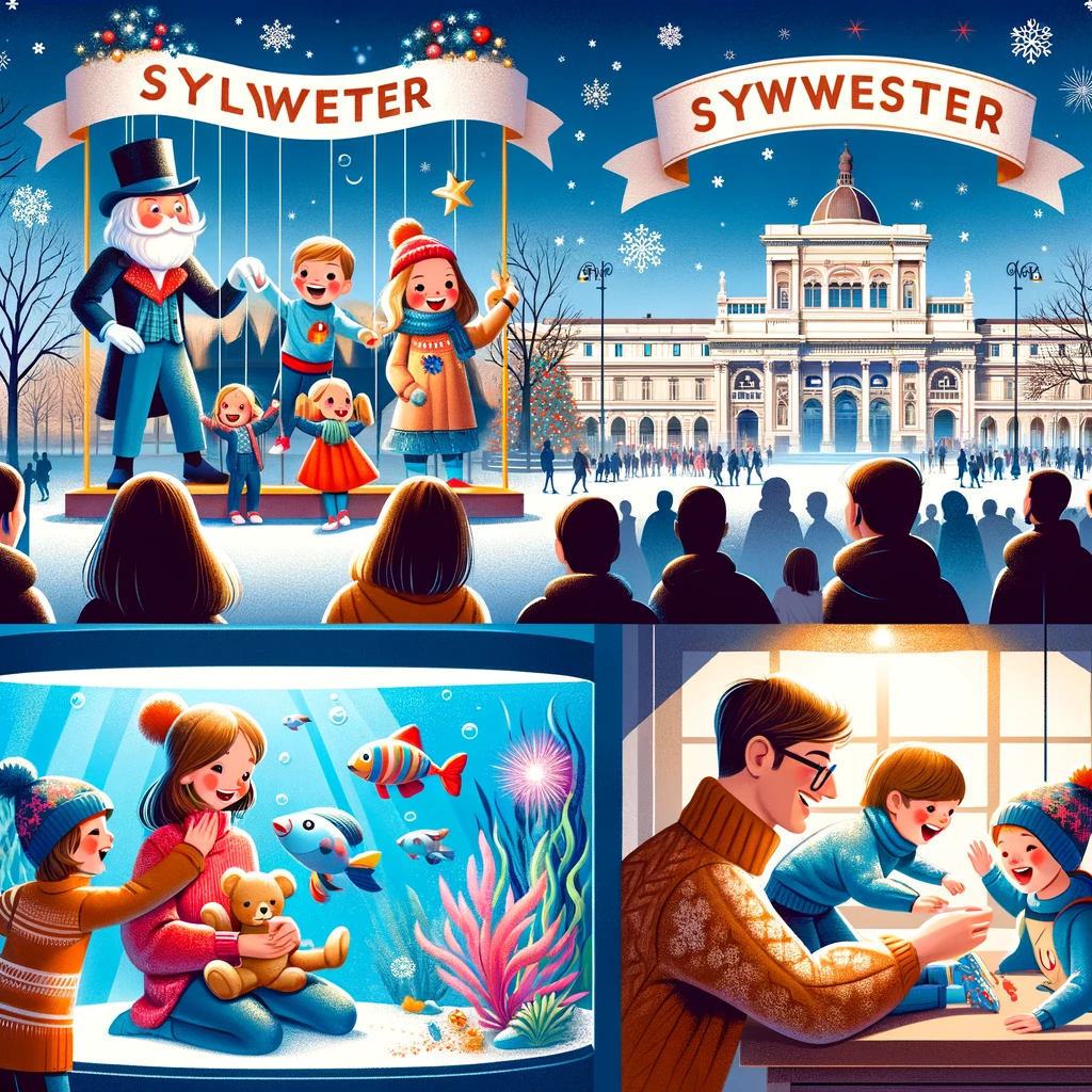Scena rodzinnych obchodów Sylwestra w Mediolanie z udziałem dzieci, obejmująca teatr lalek w parku, wizytę w akwarium i interaktywną wystawę w muzeum