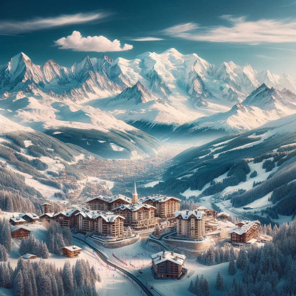 Panoramiczny widok Alp Francuskich zimą z kurortem Courchevel