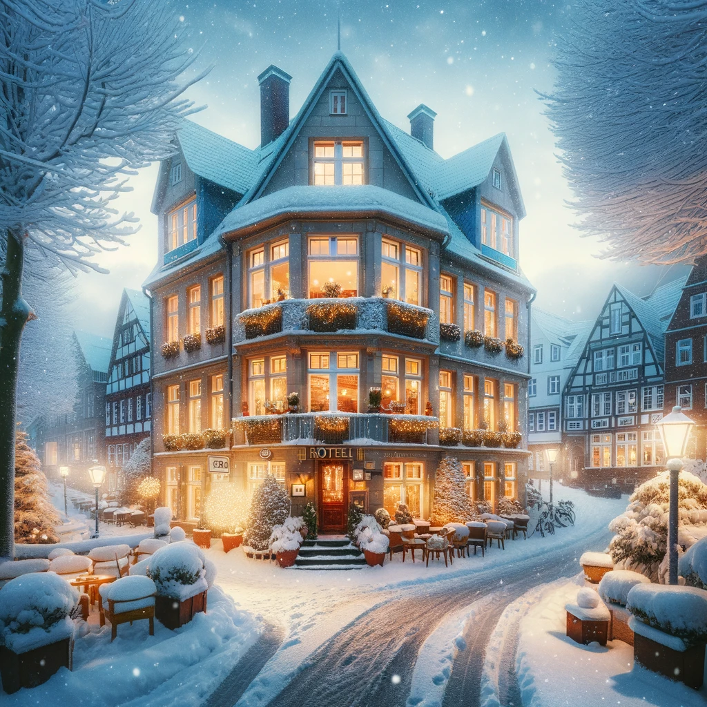 Zimowy widok na przyjazny rodzinom hotel w Bremie, pokryty śniegiem, z ciepłym światłem wydobywającym się z okien