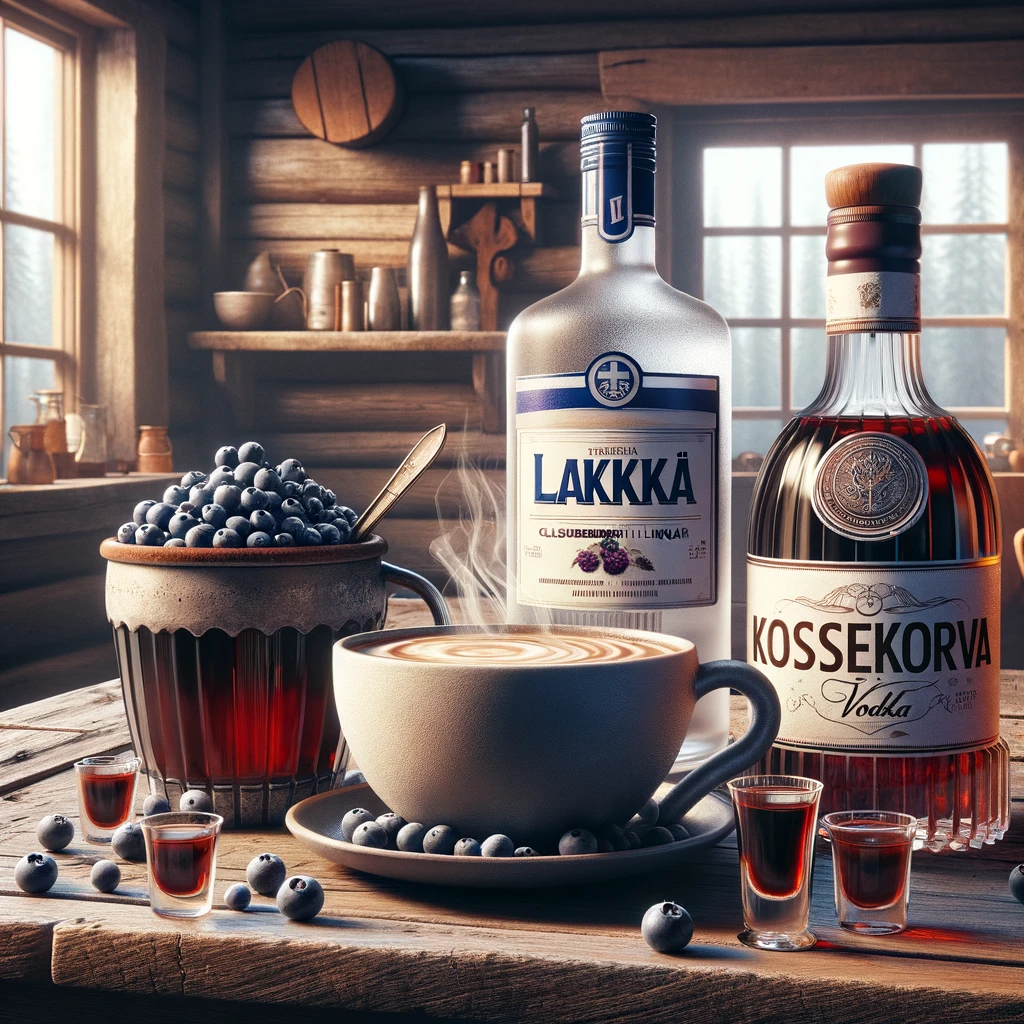 Charakterystyczne fińskie napoje na rustykalnym stole: duża filiżanka fińskiej kawy, butelka Lakka i butelka Koskenkorva, z małymi szklankami do degustacji.
