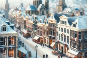 Utrecht pokryty śniegiem w styczniu, z historycznymi budynkami i ludźmi spacerującymi w zimowych ubraniach.
