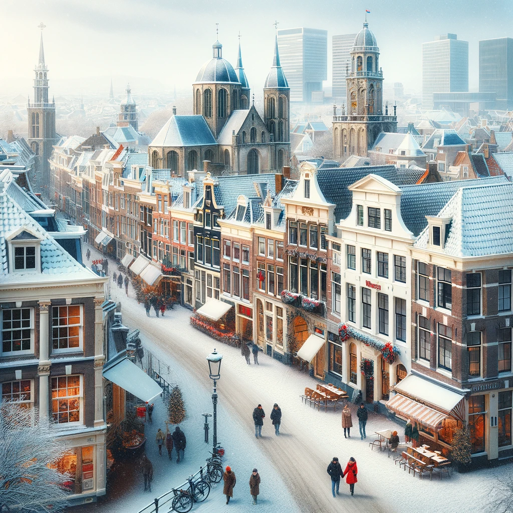 Utrecht pokryty śniegiem w styczniu, z historycznymi budynkami i ludźmi spacerującymi w zimowych ubraniach.