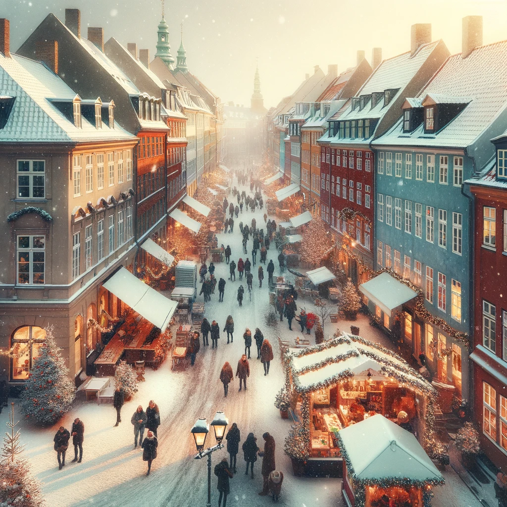 Zimowa scena w Kopenhadze z uroczymi uliczkami ozdobionymi świątecznymi dekoracjami, dachami pokrytymi śniegiem i ludźmi cieszącymi się świąteczną atmosferą.