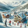 Zimowy krajobraz w Szwajcarii z rodzinami na ferie zimowe