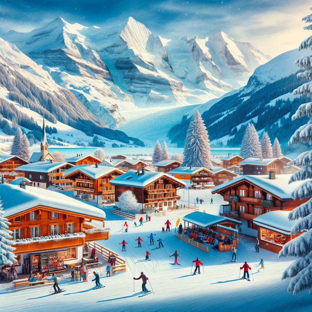 Malownicza wioska szwajcarska zimą z aktywnościami narciarskimi