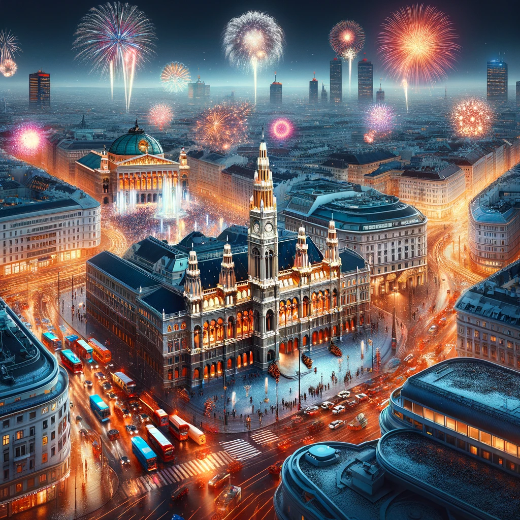 Wiedeński Rynek Miejski i Opera Wiedeńska w noc Sylwestrową z fajerwerkami