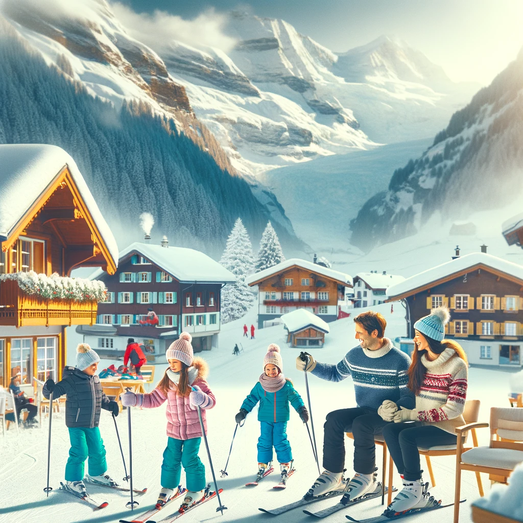 Rodziny i dzieci cieszące się z zimowych aktywności w Grindelwald