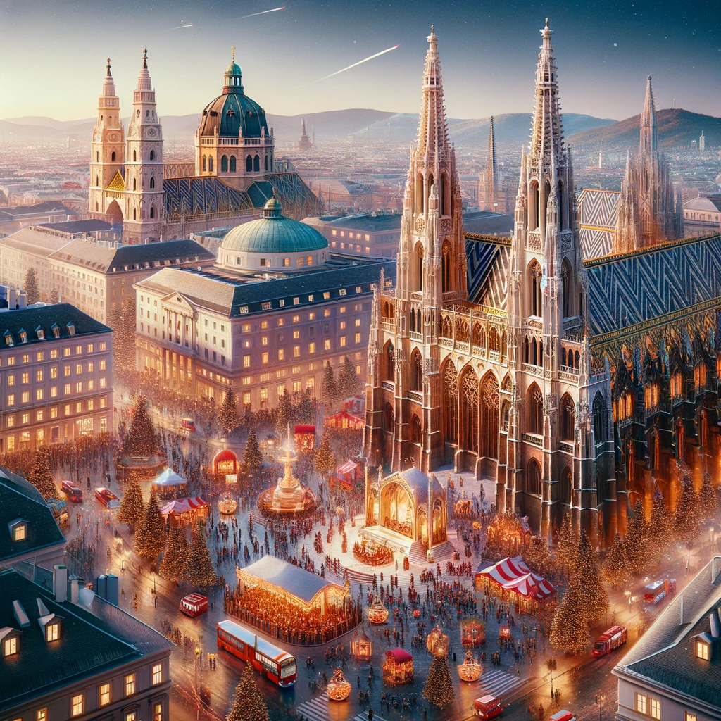 Zabytki Wiednia w noc Sylwestrową, Katedra św. Szczepana i Pałac Schönbrunn z dekoracjami i atmosferą wydarzeń kulturalnych