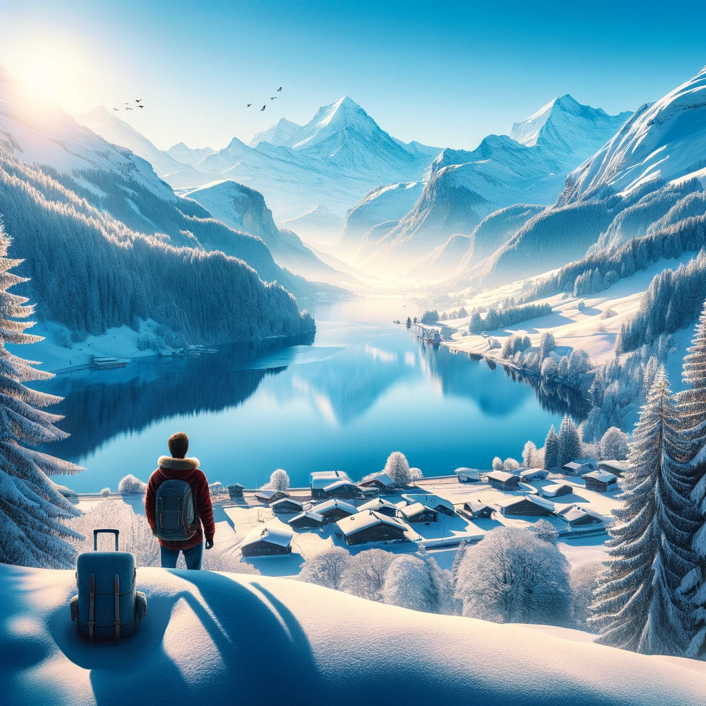 Podróżnik cieszący się widokiem zimowych Alp Szwajcarskich