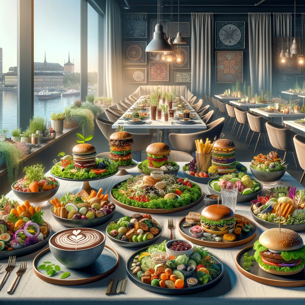 Różnorodne dania wegańskie i wegetariańskie na stole w stylowej fińskiej restauracji: kolorowe sałatki, roślinne burgery i kreatywne dania wegańskie.
