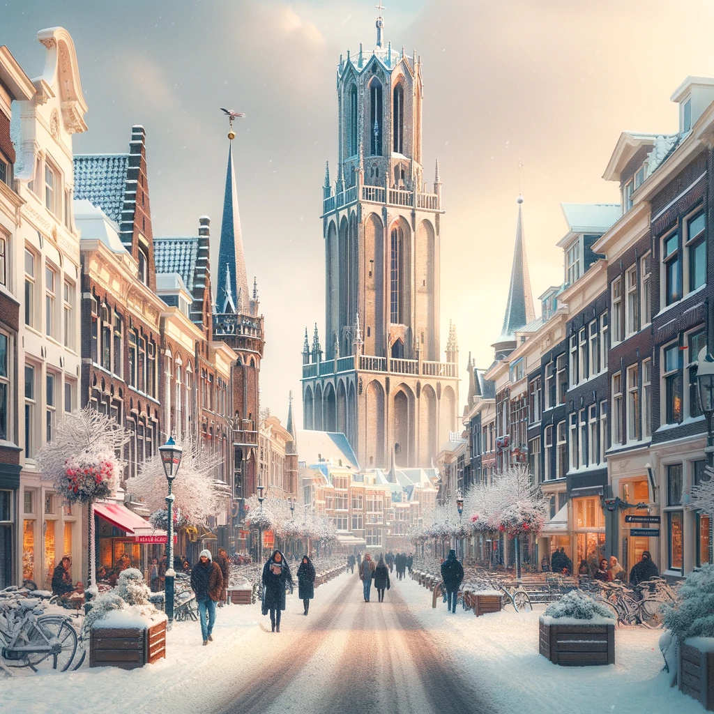 Zimowy widok Utrechtu z pokrytą śniegiem wieżą Domtoren i ludźmi spacerującymi po zaśnieżonych ulicach.