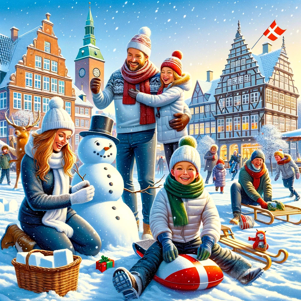 Rodzina z dziećmi bawiąca się na śniegu, budująca bałwana i jeżdżąca na sankach w duńskim parku, na tle malowniczej duńskiej architektury.