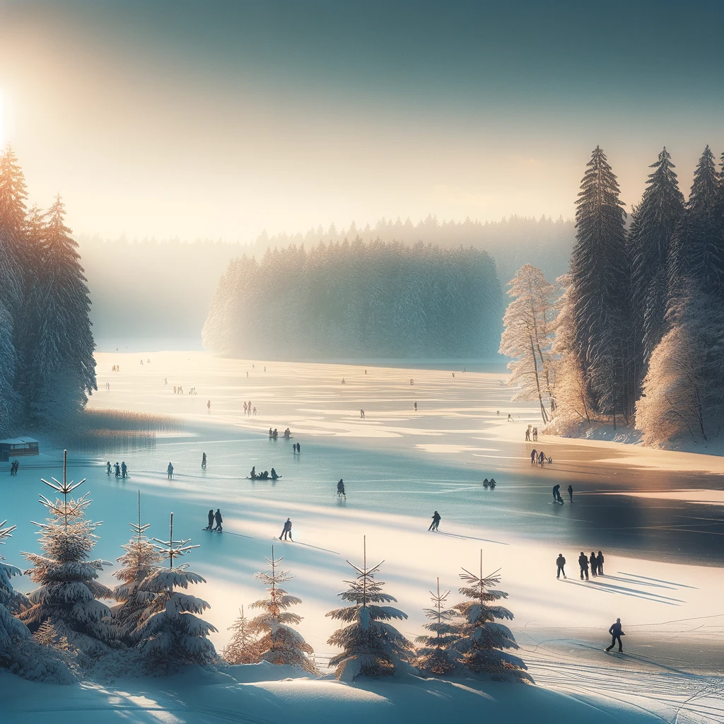 Zamarznięte jezioro otoczone pokrytymi śniegiem drzewami w regionie Mazur, z ludźmi uprawiającymi sporty zimowe, takie jak narciarstwo biegowe i łyżwiarstwo