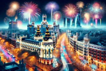Zdjęcie przedstawiające świętowanie Sylwestra w Madrycie z fajerwerkami i tłumem na ulicach