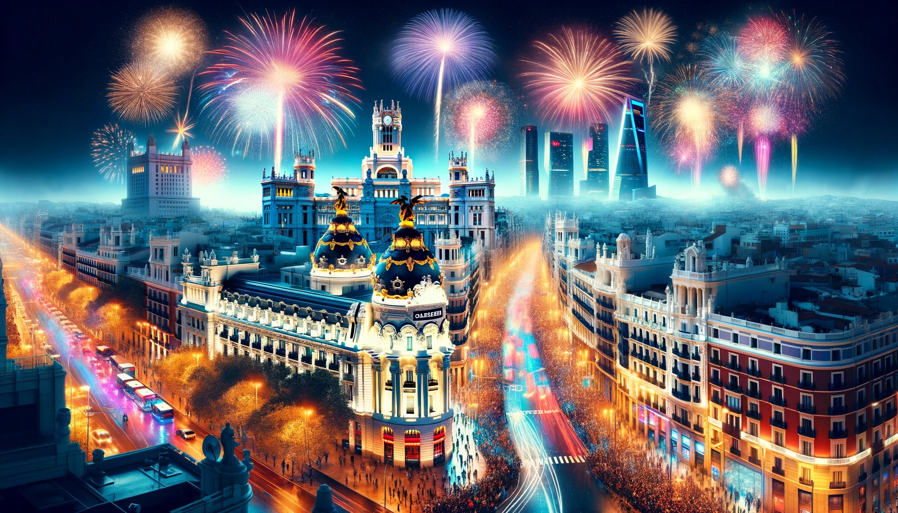 Zdjęcie przedstawiające świętowanie Sylwestra w Madrycie z fajerwerkami i tłumem na ulicach
