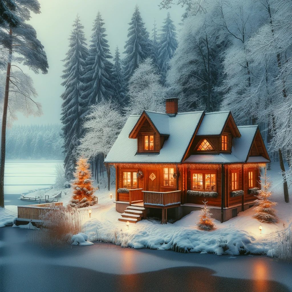 Czarujący drewniany domek otoczony śnieżnymi drzewami i zamarzniętym jeziorem na Mazurach, z ciepłym światłem wydobywającym się z okien, sugerującym przytulną atmosferę w środku