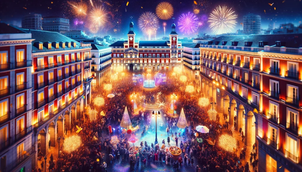 Zdjęcie pokazujące tłumy ludzi świętujących Sylwestra na Plaza Mayor i Puerta del Sol w Madrycie, z jasnymi światłami i dekoracjami