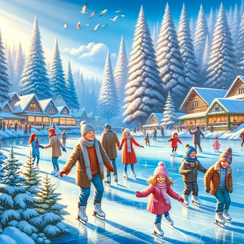 Scena zimowa na Mazurach z rodziną cieszącą się dniem na zewnątrz, z dziećmi radośnie jeżdżącymi na łyżwach na zamarzniętym jeziorze, otoczonym malowniczymi, pokrytymi śniegiem drzewami i jasnym błękitnym niebem