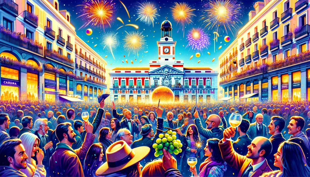 Zdjęcie przedstawiające tłumy ludzi świętujących Sylwestra na Puerta del Sol w Madrycie, z widocznym zegarem i trzymającymi winogrona, symbolizującymi tradycyjny hiszpański zwyczaj