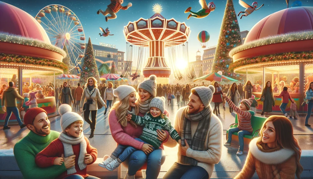 Zdjęcie przedstawiające rodziny z dziećmi świętujące Sylwestra w Parque de Atracciones w Madrycie, z dekoracjami świątecznymi i dzieci bawiącymi się na karuzelach