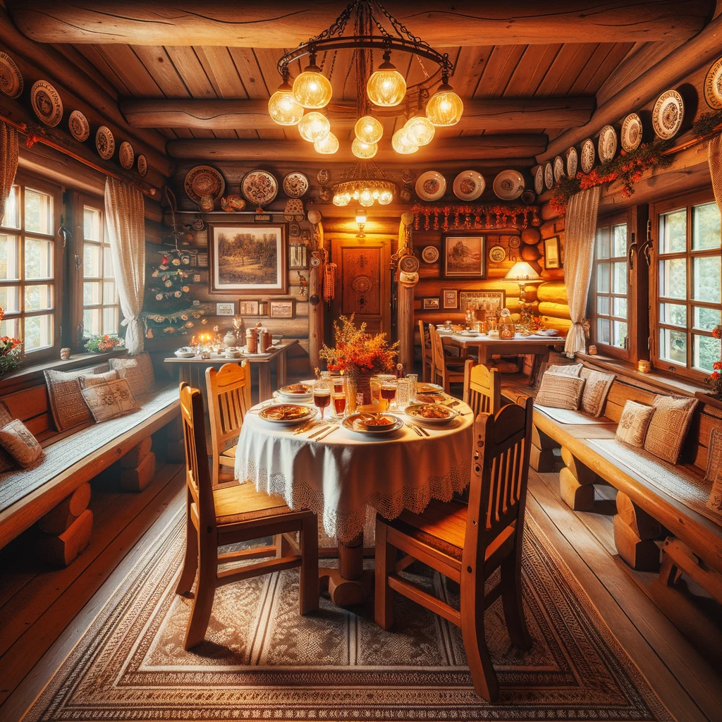 Przytulne i zapraszające wnętrze tradycyjnej polskiej restauracji na Mazurach, z drewnianym wystrojem, ciepłym oświetleniem i stołem nakrytym tradycyjnymi mazurskimi daniami, oddającym domową i autentyczną atmosferę restauracji