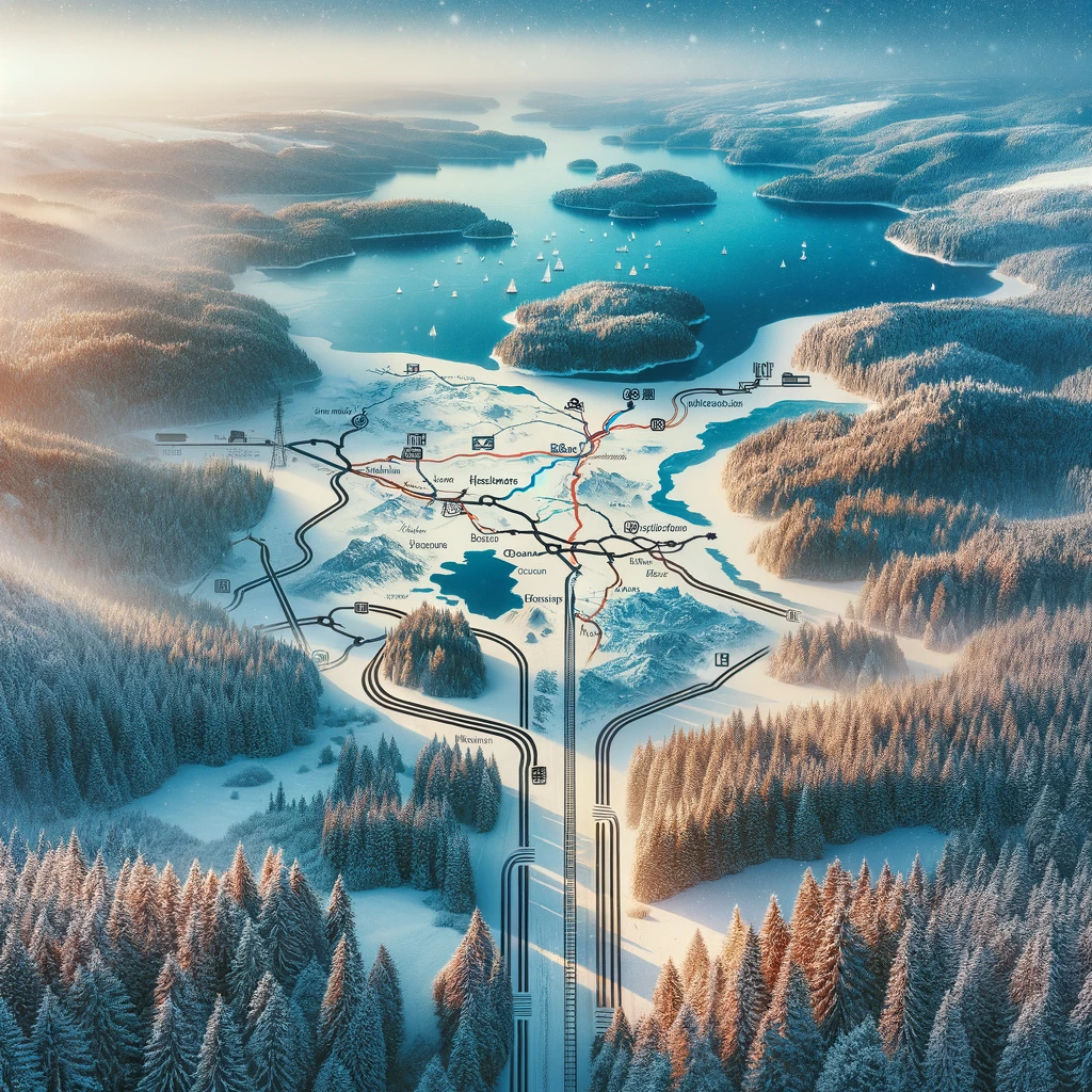 Malowniczy zimowy widok krajobrazu mazurskiego, pokazujący mapę regionu z zaznaczonymi trasami transportowymi, otoczony śnieżnymi lasami i zamarzniętymi jeziorami, oddający ducha przygody i odkrywania