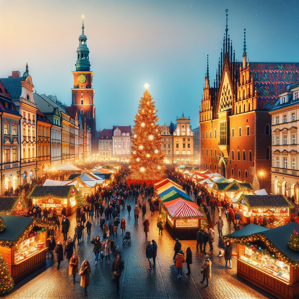 Świąteczny Jarmark na Rynku we Wrocławiu, kolorowe światła i ozdoby