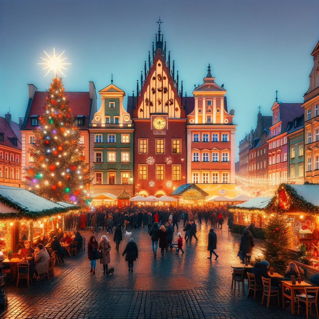 Świąteczny klimat na Rynku we Wrocławiu z kolorowymi światłami i choinką