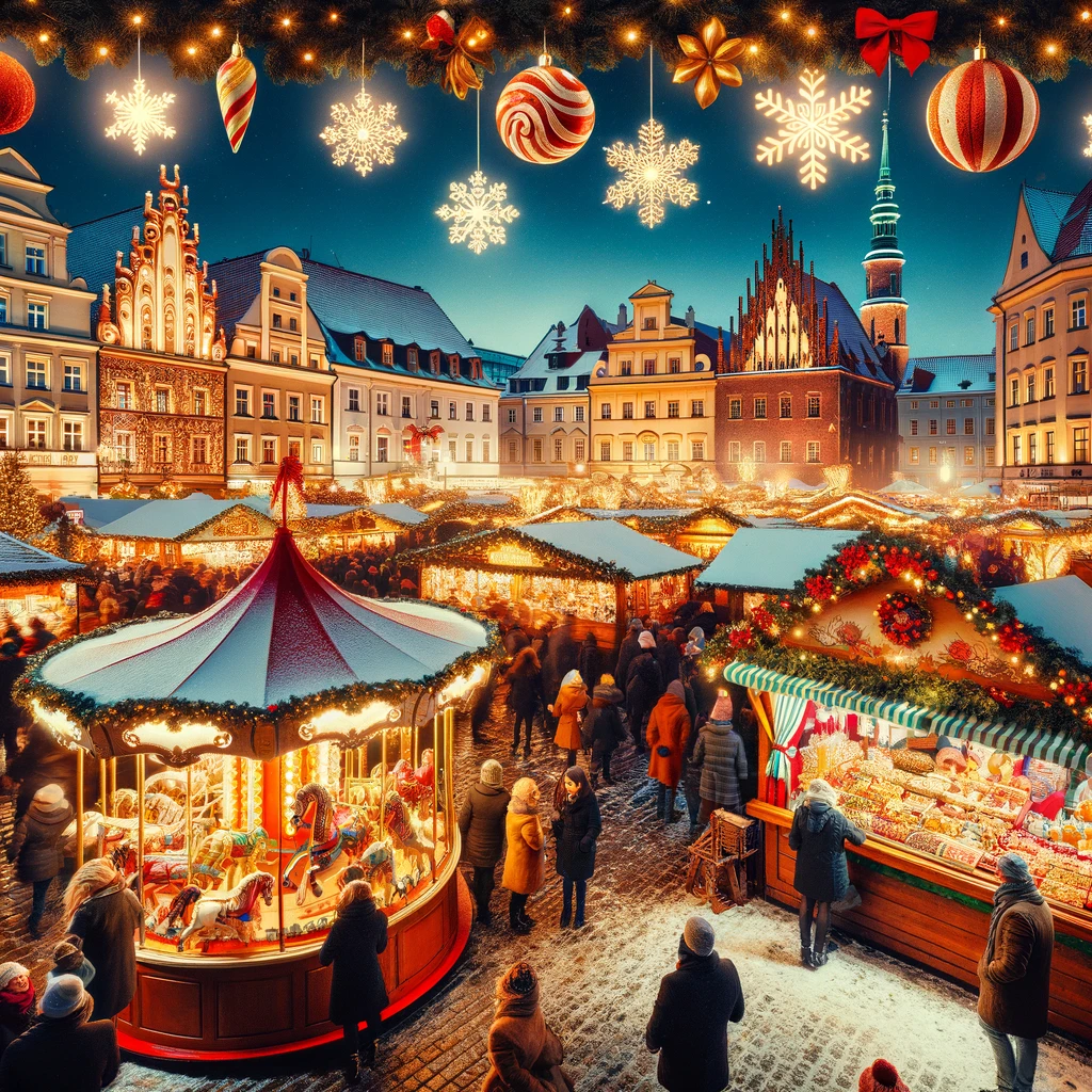 Żywy i świąteczny jarmark bożonarodzeniowy we Wrocławiu z różnorodnymi stoiskami