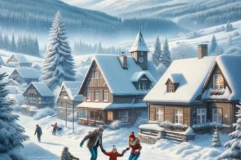 Zimowy widok Szklarskiej Poręby z rodziną cieszącą się śniegiem