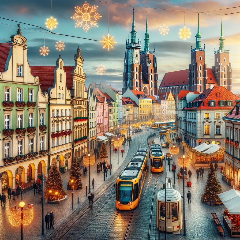 Malowniczy widok Wrocławia z bożonarodzeniowymi dekoracjami, hotele i apartamenty, tramwaje