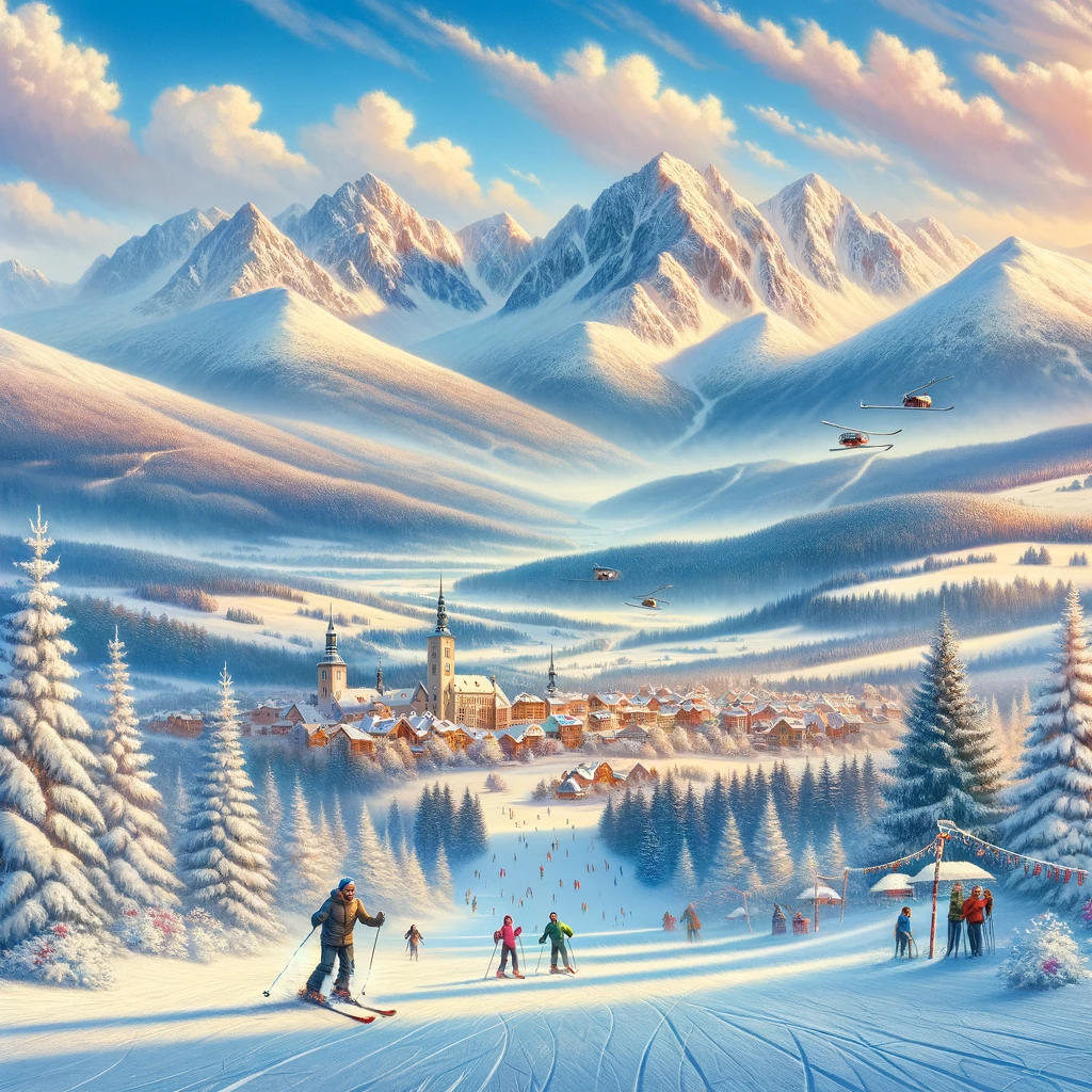Rodzina ciesząca się narciarstwem na zasypanych śniegiem stokach Szklarskiej Poręby, z malowniczymi Karkonoszami w tle