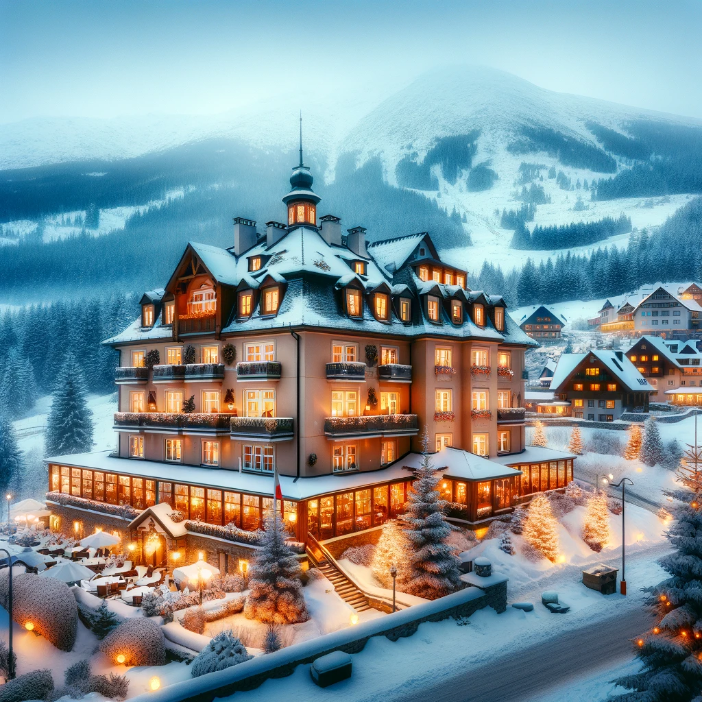 Luksusowy hotel w Szklarskiej Porębie oświetlony ciepłymi światłami, otoczony śnieżnym krajobrazem i górami