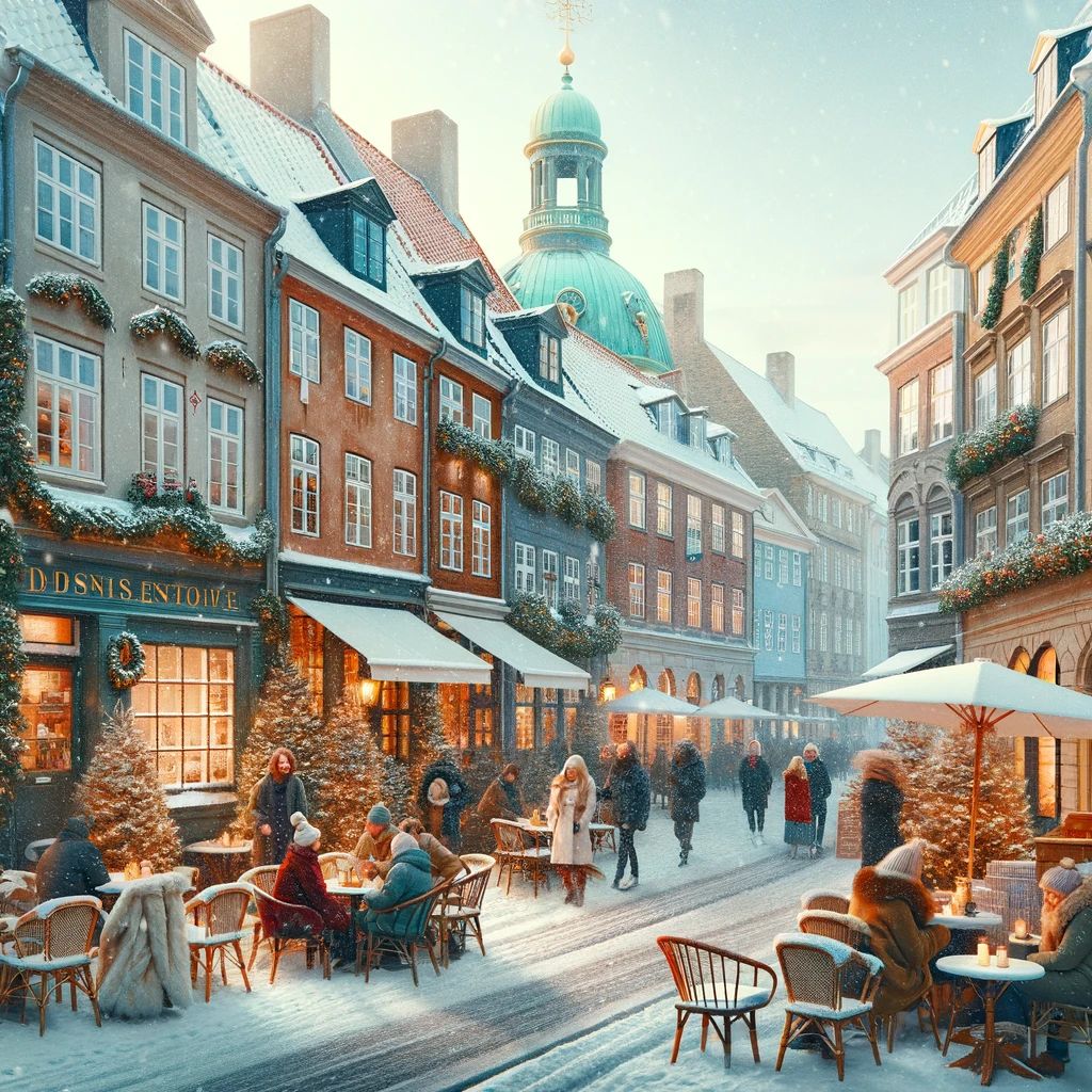 Zimowa scena w Danii z tętniącą życiem ulicą miasta, ludźmi w ciepłych ubraniach, cieszącymi się atmosferą duńskiego hygge.