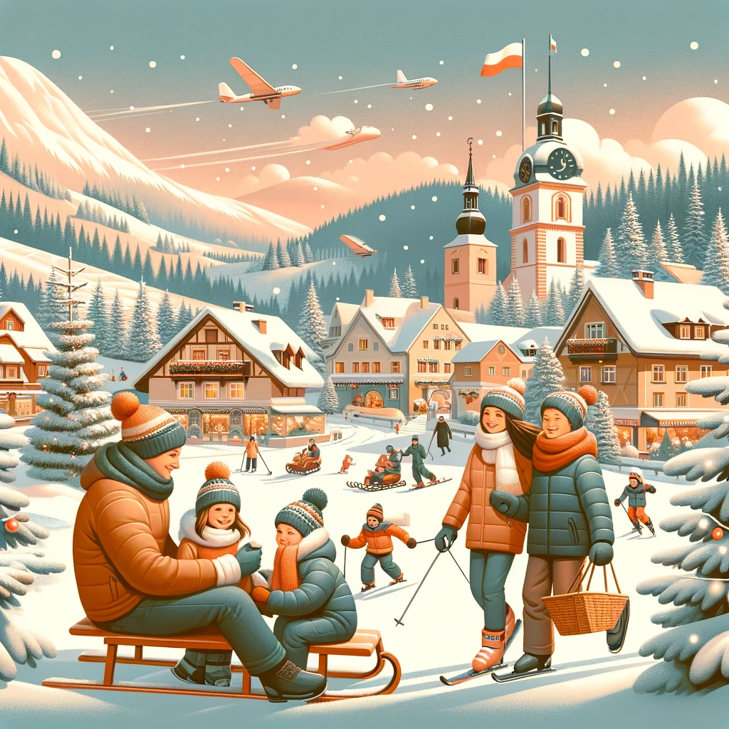 Rodzina ciesząca się różnorodnymi zimowymi aktywnościami w Szklarskiej Porębie, w tym narciarstwem, sankami i spacerami po zaśnieżonym mieście