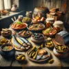 Tradycyjne estońskie dania na drewnianym stole w rustycznym otoczeniu