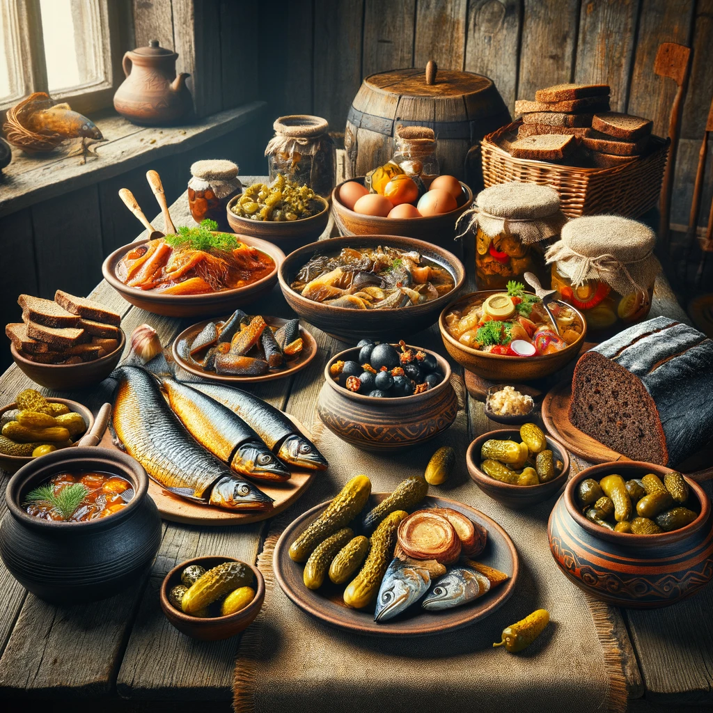 Tradycyjne estońskie dania na drewnianym stole w rustycznym otoczeniu