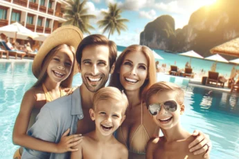 Rodzina na wakacjach nad morzem z basenem w tle