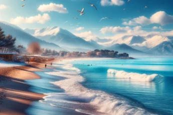 Spokojna zimowa plaża w Turcji z jasnym niebem i łagodnym morzem, ludzie cieszący się spokojnym dniem