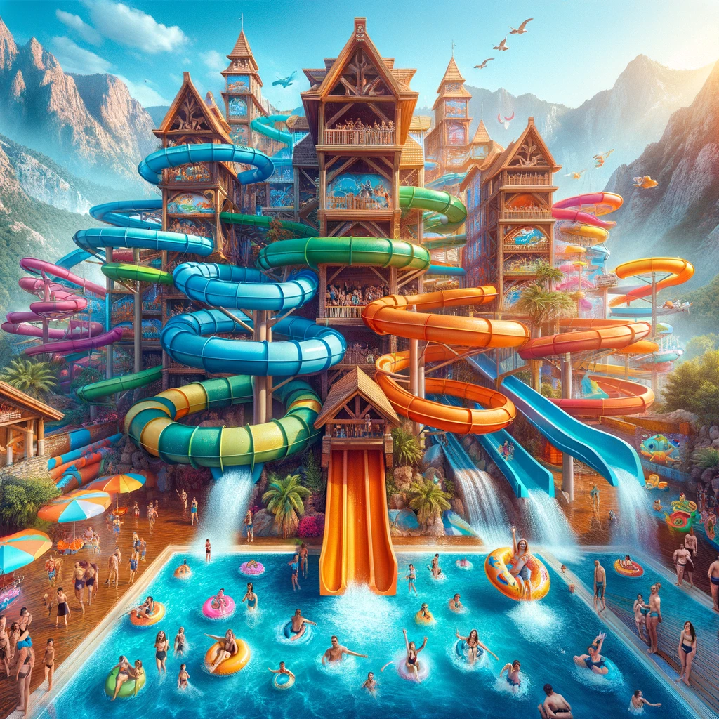 Rodziny i dzieci bawiące się na zjeżdżalniach w Aqua Fantasy Aquapark w Izmirze