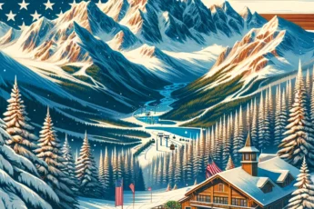 Zimowy krajobraz w USA z pokrytymi śniegiem górami i ośrodkiem narciarskim.