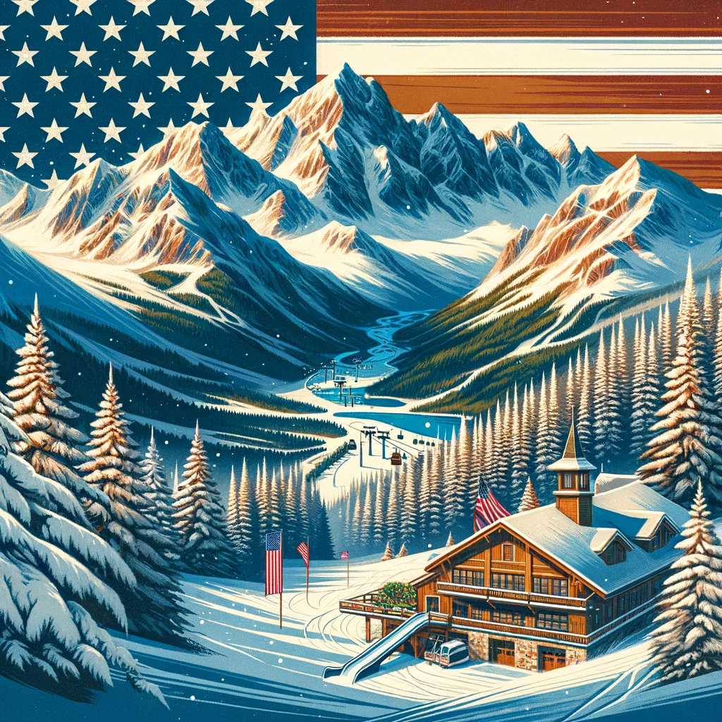 Zimowy krajobraz w USA z pokrytymi śniegiem górami i ośrodkiem narciarskim.