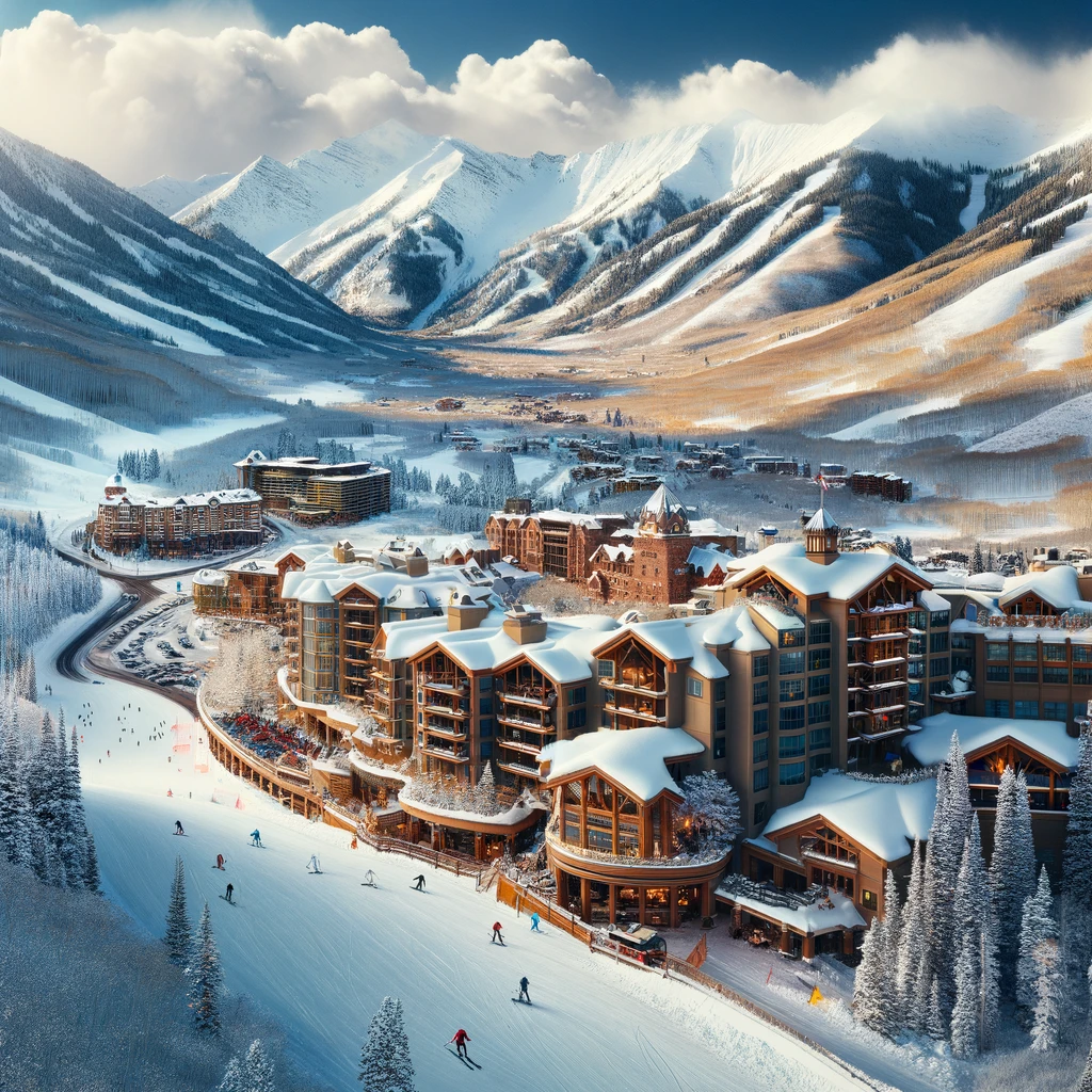 Widok na zasypane śniegiem góry i luksusowy ośrodek narciarski w Aspen, Kolorado, z narciarzami i snowboardzistami na stokach.