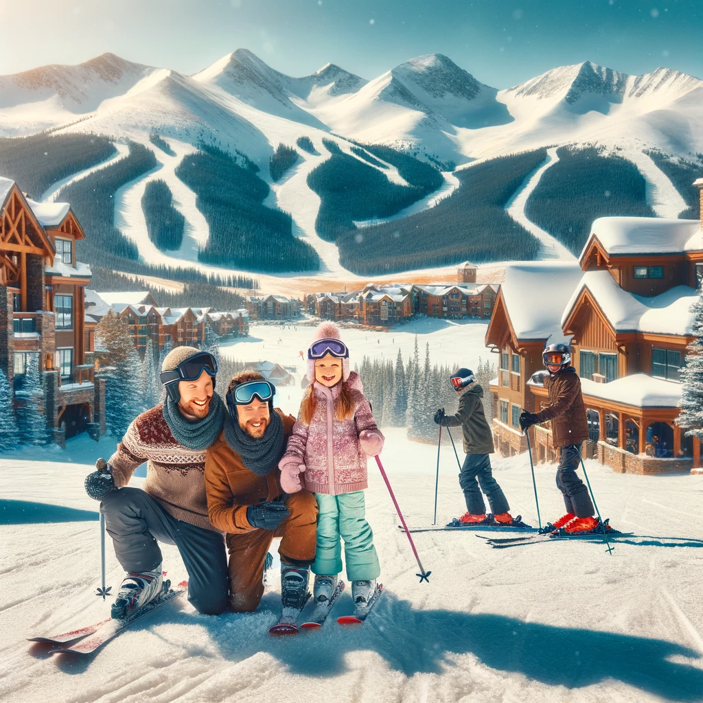  Rodzina ciesząca się dniem na nartach w Keystone Resort w Kolorado, dzieci na nartach i zabawie na śniegu, podkreślając rodzinny charakter ośrodka zimowego.