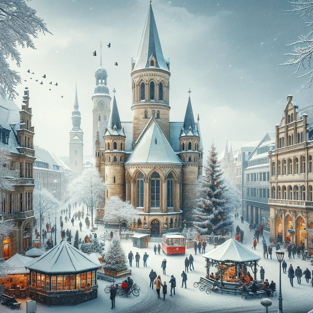 Zimowy krajobraz Dortmundu z zabytkową architekturą i ludźmi cieszącymi się atmosferą
