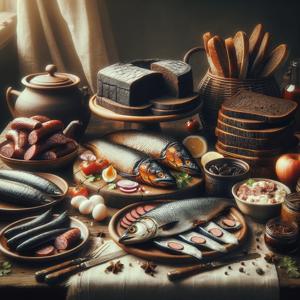 Tradycyjne estońskie dania, w tym räim, leib, verivorst i kiluvõileib, na drewnianym stole w rustycznym otoczeniu