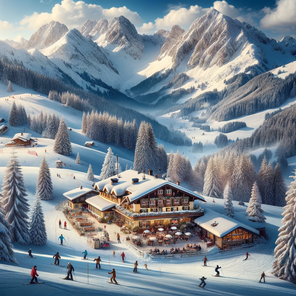 Malowniczy zimowy krajobraz w Niemczech z pokrytymi śniegiem górami, przytulnym schroniskiem górskim i rodzinami cieszącymi się narciarstwem i snowboardingiem.